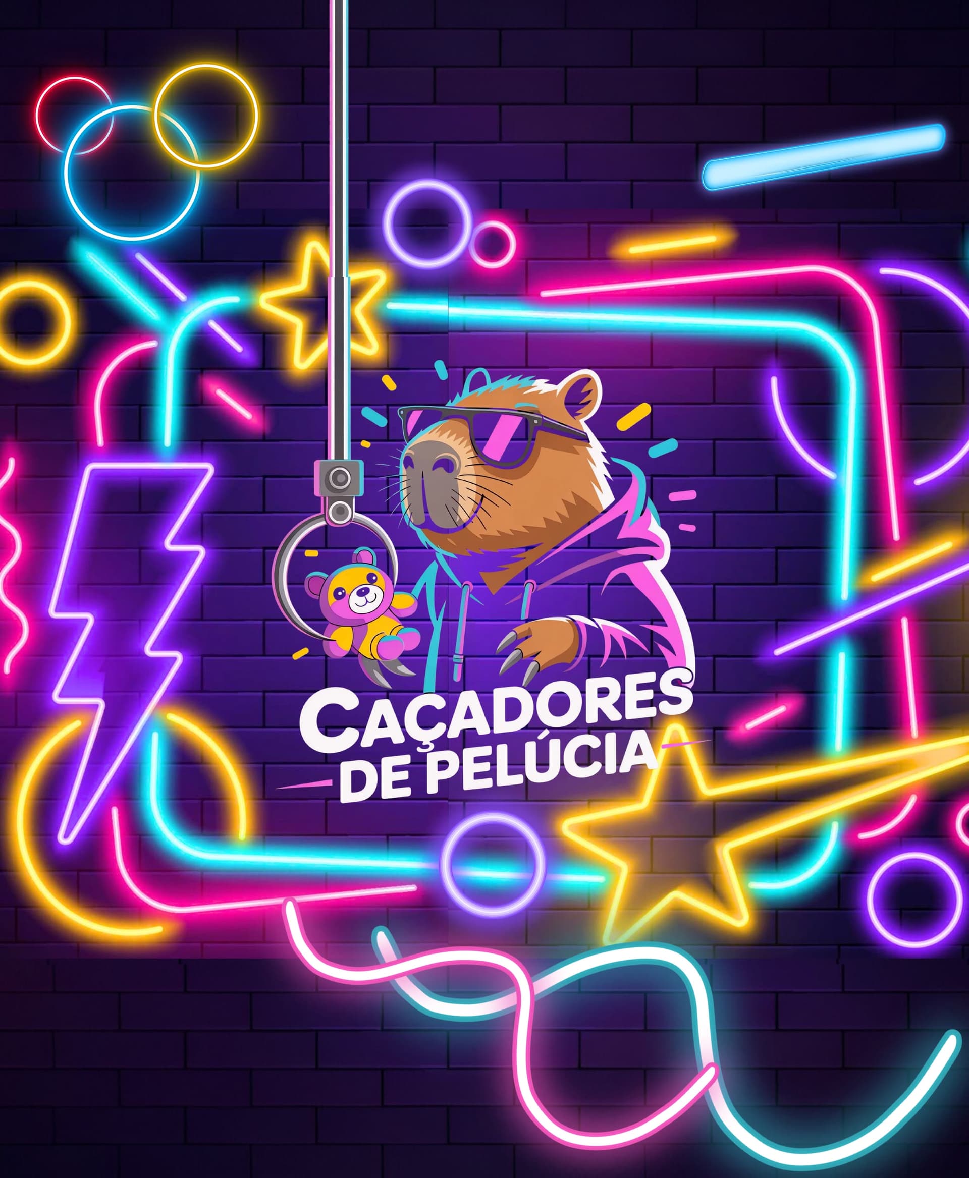 Capivara Caçadores de Pelúcia com luzes neon coloridas